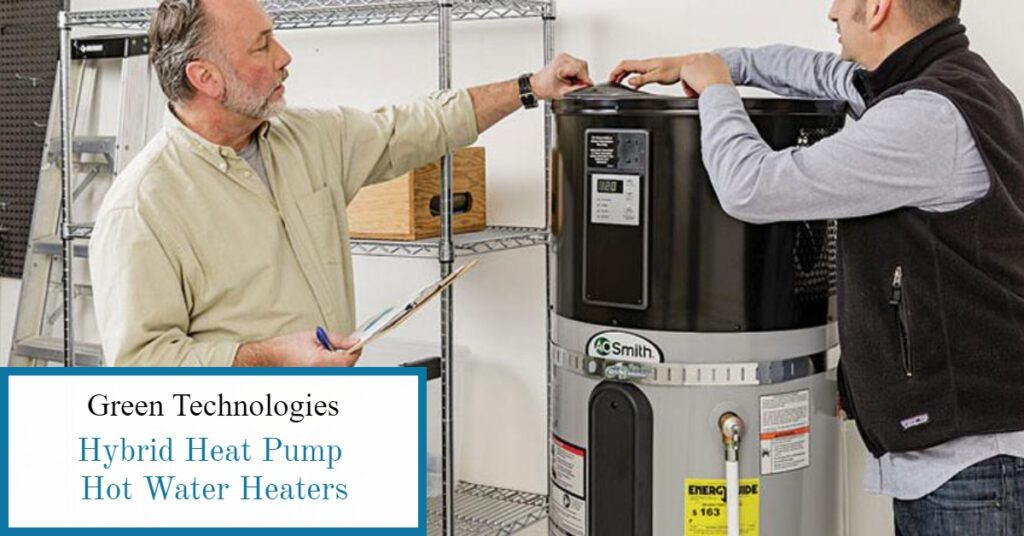 Two male technicians installing a hybrid heat pump hot water heater